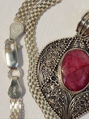 VTG Ruby Filigree Pendant On 32" Woven Italy 925 Necklace